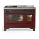 ILVE Majestic III 48-inch Dual Fuel Range with 5 Natural Gas Burner, Griddle, French Top and Triple Glass Door Electric Oven in Burgundy with Burnished Trim (UM48FSNR3BUB)