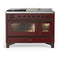 ILVE Majestic III 48-inch Dual Fuel Range with 5 Natural Gas Burner, Griddle, French Top and Triple Glass Door Electric Oven in Burgundy with Burnished Trim (UM48FSNR3BUB)
