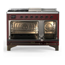 ILVE Majestic III 48-inch Dual Fuel Range with 5 Natural Gas Burner, Griddle, French Top and Triple Glass Door Electric Oven in Burgundy with Burnished Trim (UM48FSNR3BUB)