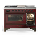 ILVE Majestic III 48-inch Dual Fuel Range with 5 Natural Gas Burner, Griddle, French Top and Triple Glass Door Electric Oven in Burgundy with Burnished Trim (UM48FSNR3BUB)