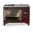 ILVE Majestic III 48-inch Dual Fuel Range with 5 Liquid Propane Burner, Griddle, French Top and Triple Glass Door Electric Oven in Burgundy with Burnished Trim (UM48FSNR3BUBLP)
