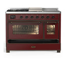 ILVE Majestic III 48-inch Dual Fuel Range with 5 Natural Gas Burner, Griddle, French Top and Triple Glass Door Electric Oven in Burgundy with Burnished Trim (UM48FSNR3BUB)
