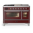 ILVE Majestic III 48-inch Dual Fuel Range with 5 Natural Gas Burner, Griddle, French Top and Triple Glass Door Electric Oven in Burgundy with Chrome Trim (UM48FSNR3BUC)
