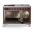 ILVE Majestic III 48-inch Dual Fuel Range with 5 Natural Gas Burner, Griddle, French Top and Triple Glass Door Electric Oven in Burgundy with Chrome Trim (UM48FSNR3BUC)