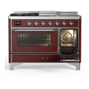ILVE Majestic III 48-inch Dual Fuel Range with 5 Natural Gas Burner, Griddle, French Top and Triple Glass Door Electric Oven in Burgundy with Chrome Trim (UM48FSNR3BUC)