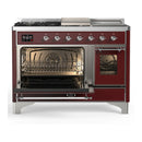 ILVE Majestic III 48-inch Dual Fuel Range with 5 Natural Gas Burner, Griddle, French Top and Triple Glass Door Electric Oven in Burgundy with Chrome Trim (UM48FSNR3BUC)