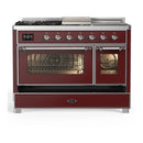 ILVE Majestic III 48-inch Dual Fuel Range with 5 Natural Gas Burner, Griddle, French Top and Triple Glass Door Electric Oven in Burgundy with Chrome Trim (UM48FSNR3BUC)