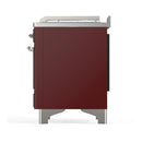 ILVE Majestic III 48-inch Dual Fuel Range with 5 Natural Gas Burner, Griddle, French Top and Triple Glass Door Electric Oven in Burgundy with Chrome Trim (UM48FSNR3BUC)