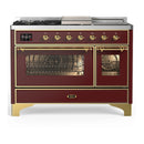 ILVE Majestic III 48-inch Dual Fuel Range with 5 Natural Gas Burner, Griddle, French Top and Triple Glass Door Electric Oven in Burgundy with Brass Trim (UM48FSNR3BUG)