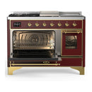ILVE Majestic III 48-inch Dual Fuel Range with 5 Natural Gas Burner, Griddle, French Top and Triple Glass Door Electric Oven in Burgundy with Brass Trim (UM48FSNR3BUG)