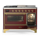 ILVE Majestic III 48-inch Dual Fuel Range with 5 Natural Gas Burner, Griddle, French Top and Triple Glass Door Electric Oven in Burgundy with Brass Trim (UM48FSNR3BUG)