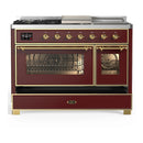 ILVE Majestic III 48-inch Dual Fuel Range with 5 Natural Gas Burner, Griddle, French Top and Triple Glass Door Electric Oven in Burgundy with Brass Trim (UM48FSNR3BUG)