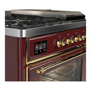 ILVE Majestic III 48-inch Dual Fuel Range with 5 Natural Gas Burner, Griddle, French Top and Triple Glass Door Electric Oven in Burgundy with Brass Trim (UM48FSNR3BUG)