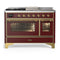 ILVE Majestic III 48-inch Dual Fuel Range with 5 Liquid Propane Burner, Griddle, French Top and Triple Glass Door Electric Oven in Burgundy with Brass Trim (UM48FSNR3BUGLP)