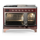 ILVE Majestic III 48-inch Dual Fuel Range with 5 Natural Gas Burner, Griddle, French Top and Triple Glass Door Electric Oven in Burgundy with Copper Trim (UM48FSNR3BUP)