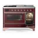 ILVE Majestic III 48-inch Dual Fuel Range with 5 Liquid Propane Burner, Griddle, French Top and Triple Glass Door Electric Oven in Burgundy with Copper Trim (UM48FSNR3BUPLP)