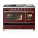ILVE Majestic III 48-inch Dual Fuel Range with 5 Natural Gas Burner, Griddle, French Top and Triple Glass Door Electric Oven in Burgundy with Copper Trim (UM48FSNR3BUP)