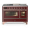 ILVE Majestic III 48-inch Dual Fuel Range with 5 Natural Gas Burner, Griddle, French Top and Triple Glass Door Electric Oven in Burgundy with Copper Trim (UM48FSNR3BUP)