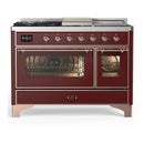 ILVE Majestic III 48-inch Dual Fuel Range with 5 Liquid Propane Burner, Griddle, French Top and Triple Glass Door Electric Oven in Burgundy with Copper Trim (UM48FSNR3BUPLP)