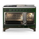 ILVE Majestic III 48-inch Dual Fuel Range with 5 Liquid Propane Burner, Griddle, French Top and Triple Glass Door Electric Oven in Emerald Green with Burnished Trim (UM48FSNR3EGBLP)