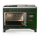ILVE Majestic III 48-inch Dual Fuel Range with 5 Natural Gas Burner, Griddle, French Top and Triple Glass Door Electric Oven in Emerald Green with Burnished Trim (UM48FSNR3EGB)