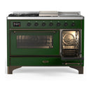 ILVE Majestic III 48-inch Dual Fuel Range with 5 Natural Gas Burner, Griddle, French Top and Triple Glass Door Electric Oven in Emerald Green with Burnished Trim (UM48FSNR3EGB)