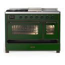 ILVE Majestic III 48-inch Dual Fuel Range with 5 Natural Gas Burner, Griddle, French Top and Triple Glass Door Electric Oven in Emerald Green with Burnished Trim (UM48FSNR3EGB)