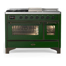 ILVE Majestic III 48-inch Dual Fuel Range with 5 Liquid Propane Burner, Griddle, French Top and Triple Glass Door Electric Oven in Emerald Green with Burnished Trim (UM48FSNR3EGBLP)
