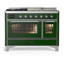 ILVE Majestic III 48-inch Dual Fuel Range with 5 Natural Gas Burner, Griddle, French Top and Triple Glass Door Electric Oven in Emerald Green with Chrome Trim (UM48FSNR3EGC)