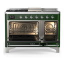 ILVE Majestic III 48-inch Dual Fuel Range with 5 Liquid Propane Burner, Griddle, French Top and Triple Glass Door Electric Oven in Emerald Green with Chrome Trim (UM48FSNR3EGCLP)