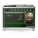 ILVE Majestic III 48-inch Dual Fuel Range with 5 Natural Gas Burner, Griddle, French Top and Triple Glass Door Electric Oven in Emerald Green with Chrome Trim (UM48FSNR3EGC)