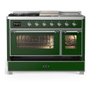 ILVE Majestic III 48-inch Dual Fuel Range with 5 Natural Gas Burner, Griddle, French Top and Triple Glass Door Electric Oven in Emerald Green with Chrome Trim (UM48FSNR3EGC)
