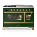 ILVE Majestic III 48-inch Dual Fuel Range with 5 Natural Gas Burner, Griddle, French Top and Triple Glass Door Electric Oven in Emerald Green with Brass Trim (UM48FSNR3EGG)