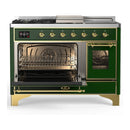 ILVE Majestic III 48-inch Dual Fuel Range with 5 Natural Gas Burner, Griddle, French Top and Triple Glass Door Electric Oven in Emerald Green with Brass Trim (UM48FSNR3EGG)