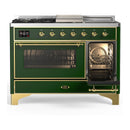 ILVE Majestic III 48-inch Dual Fuel Range with 5 Natural Gas Burner, Griddle, French Top and Triple Glass Door Electric Oven in Emerald Green with Brass Trim (UM48FSNR3EGG)