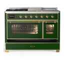 ILVE Majestic III 48-inch Dual Fuel Range with 5 Natural Gas Burner, Griddle, French Top and Triple Glass Door Electric Oven in Emerald Green with Brass Trim (UM48FSNR3EGG)