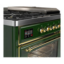 ILVE Majestic III 48-inch Dual Fuel Range with 5 Natural Gas Burner, Griddle, French Top and Triple Glass Door Electric Oven in Emerald Green with Brass Trim (UM48FSNR3EGG)