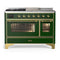 ILVE Majestic III 48-inch Dual Fuel Range with 5 Natural Gas Burner, Griddle, French Top and Triple Glass Door Electric Oven in Emerald Green with Brass Trim (UM48FSNR3EGG)