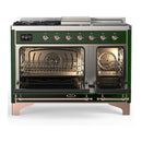 ILVE Majestic III 48-inch Dual Fuel Range with 5 Liquid Propane Burner, Griddle, French Top and Triple Glass Door Electric Oven in Emerald Green with Copper Trim (UM48FSNR3EGPLP)