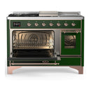 ILVE Majestic III 48-inch Dual Fuel Range with 5 Liquid Propane Burner, Griddle, French Top and Triple Glass Door Electric Oven in Emerald Green with Copper Trim (UM48FSNR3EGPLP)