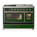 ILVE Majestic III 48-inch Dual Fuel Range with 5 Natural Gas Burner, Griddle, French Top and Triple Glass Door Electric Oven in Emerald Green with Copper Trim (UM48FSNR3EGP)