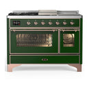ILVE Majestic III 48-inch Dual Fuel Range with 5 Liquid Propane Burner, Griddle, French Top and Triple Glass Door Electric Oven in Emerald Green with Copper Trim (UM48FSNR3EGPLP)