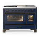 ILVE Majestic III 48-inch Dual Fuel Range with 5 Natural Gas Burner, Griddle, French Top and Triple Glass Door Electric Oven in Midnight Blue with Burnished Trim (UM48FSNR3MBB)