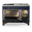 ILVE Majestic III 48-inch Dual Fuel Range with 5 Natural Gas Burner, Griddle, French Top and Triple Glass Door Electric Oven in Midnight Blue with Burnished Trim (UM48FSNR3MBB)