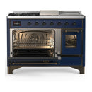 ILVE Majestic III 48-inch Dual Fuel Range with 5 Natural Gas Burner, Griddle, French Top and Triple Glass Door Electric Oven in Midnight Blue with Burnished Trim (UM48FSNR3MBB)