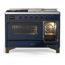 ILVE Majestic III 48-inch Dual Fuel Range with 5 Natural Gas Burner, Griddle, French Top and Triple Glass Door Electric Oven in Midnight Blue with Burnished Trim (UM48FSNR3MBB)