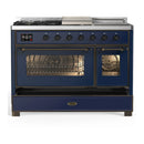 ILVE Majestic III 48-inch Dual Fuel Range with 5 Natural Gas Burner, Griddle, French Top and Triple Glass Door Electric Oven in Midnight Blue with Burnished Trim (UM48FSNR3MBB)