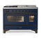 ILVE Majestic III 48-inch Dual Fuel Range with 5 Natural Gas Burner, Griddle, French Top and Triple Glass Door Electric Oven in Midnight Blue with Burnished Trim (UM48FSNR3MBB)