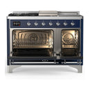 ILVE Majestic III 48-inch Dual Fuel Range with 5 Liquid Propane Burner, Griddle, French Top and Triple Glass Door Electric Oven in Midnight Blue with Chrome Trim (UM48FSNR3MBCLP)