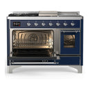 ILVE Majestic III 48-inch Dual Fuel Range with 5 Liquid Propane Burner, Griddle, French Top and Triple Glass Door Electric Oven in Midnight Blue with Chrome Trim (UM48FSNR3MBCLP)